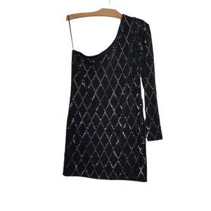 Lumiere Womens L Mini Dress One Shoulder Long Sleeve Party Sparkly  Black